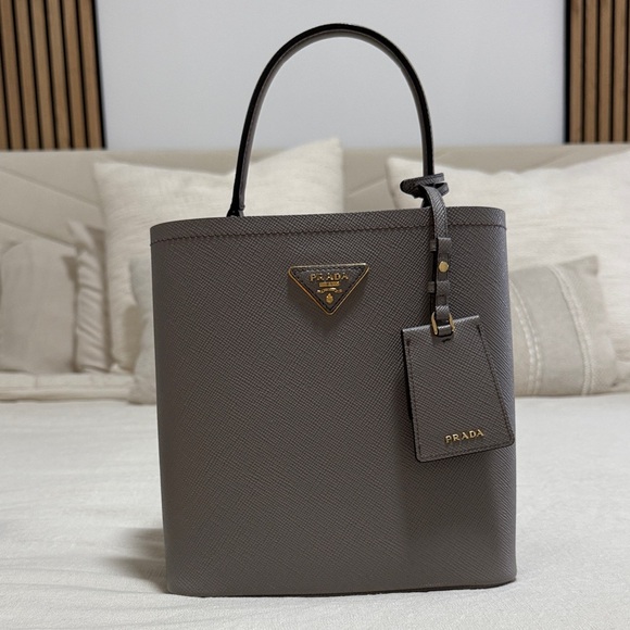Prada Handbags - Prada Taupe Leather Bucket Bag